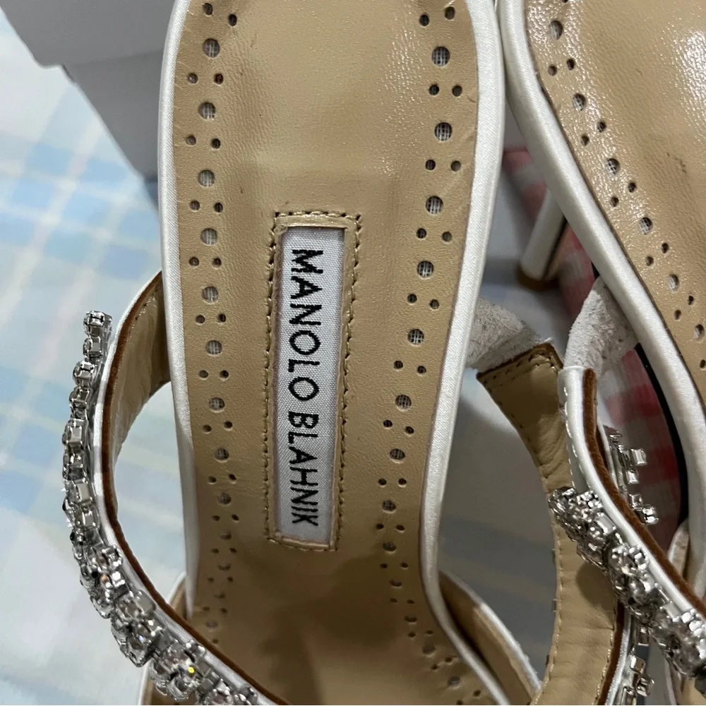 Manolo Blahnik White Satin Pointed Mules with Crystal Strap